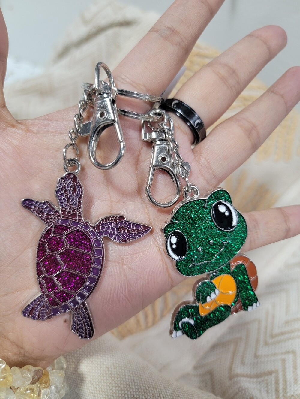 2pcs Cute Glitter Turtle Keychain Charm - Green & Purple